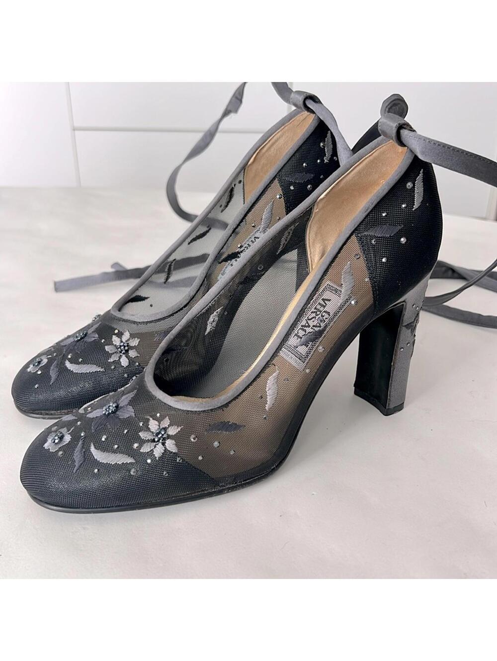 Vintage Gianni Versace Sheer Mesh Floral Embroidered Ankle Tie Pumps 37EU 6.5 US